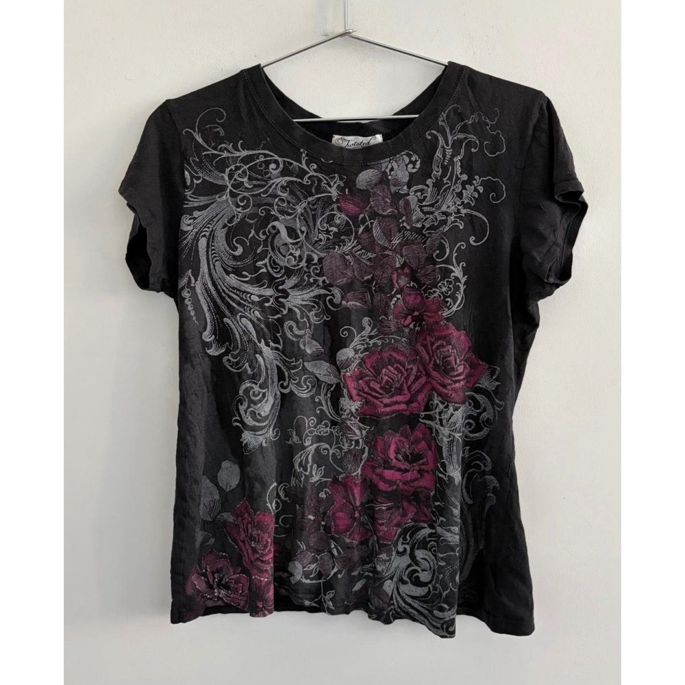 Twisted Courtesy Womens XL Black Floral Graphic Short Sleeve T-Shirt